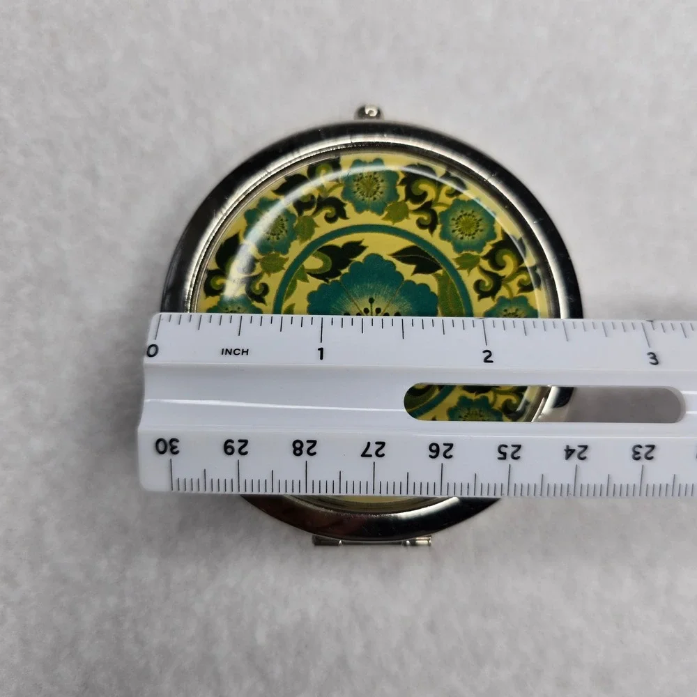 LucyLu Teal Green Floral Mandala Round Compact Mirror Silver Tone